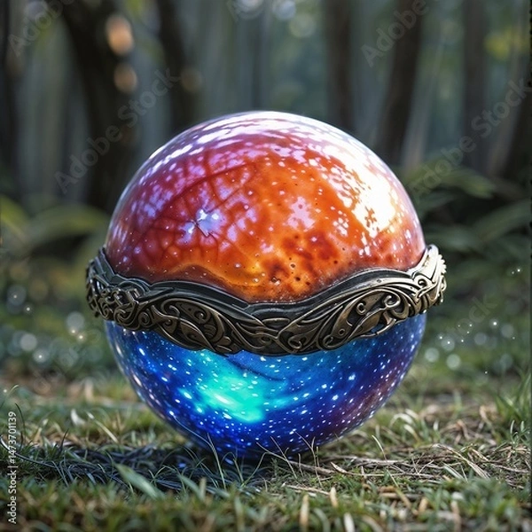 Fototapeta colorful reflective sphere with metal banding against natural outdoor background for use in artistic and nature-inspired designs