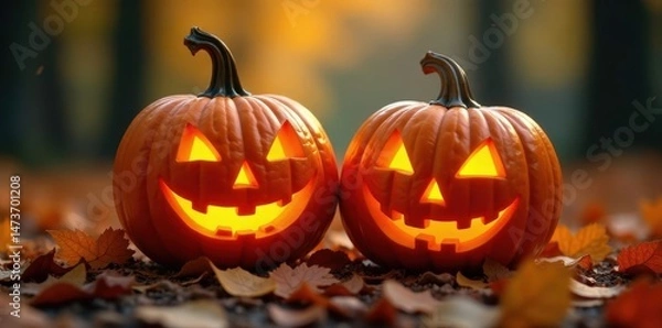 Obraz Two grinning jack-o'-lantern leaves, vibrant autumn colors , spooky face, festive