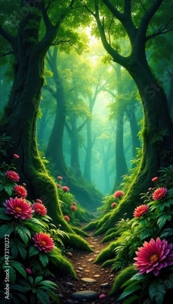 Obraz Towering trees, abundant ferns, vibrant flowers , botanical, temperate