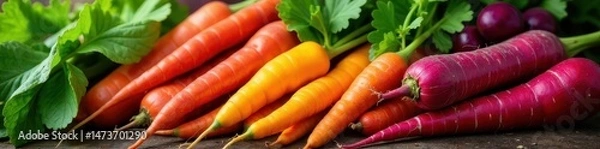 Obraz Variety of colorful root and leafy vegetables, close-up , ingredients, nutrition, farm