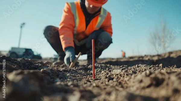 Obraz Construction Worker Measuring Ground Level