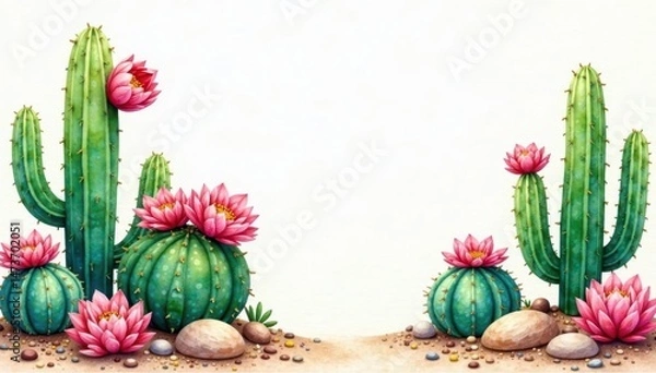 Obraz Vibrant watercolor cacti in bloom, desert palette, heat, painting