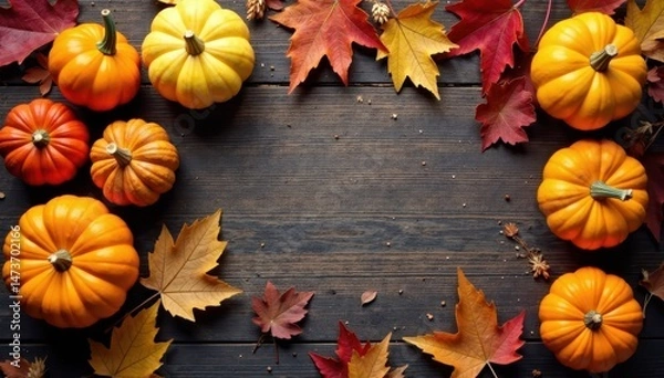 Obraz Warm autumn leaves, gourds, and wheat stalks on rustic wood , corn, thanksgiving, pumpkin