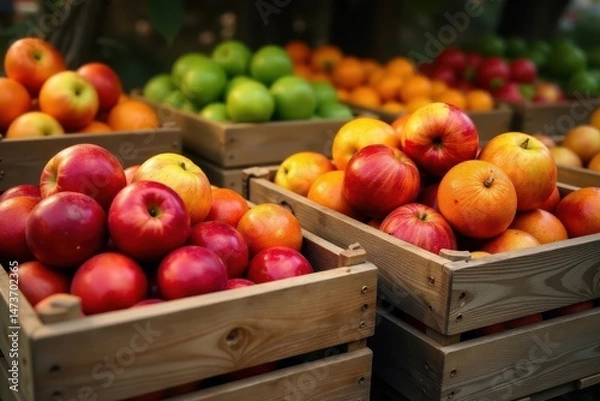 Obraz Wooden crates overflowing with colorful fruit , berries, crate, fruit