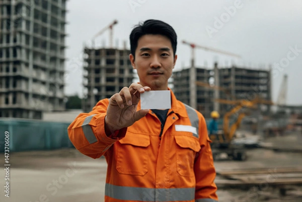 Fototapeta Asian construction worker engineer in orange safety suit holding blank business card at building site. branding, business identity, construction industry mockup