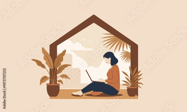Fototapeta  Woman Working on Laptop Indoors with Plants and View