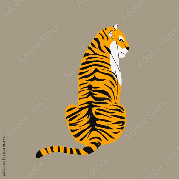 Obraz Sitting Tiger from Back View, Flat Vector Illustration