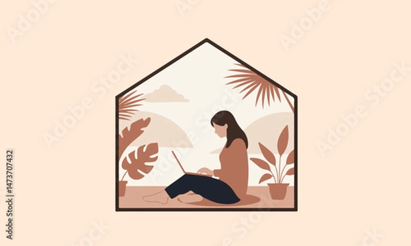 Fototapeta  Woman Working on Laptop Indoors with Plants and View