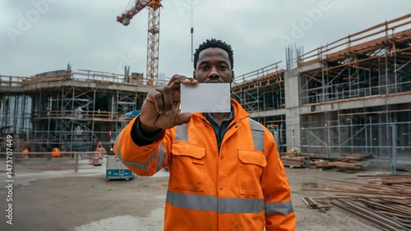 Fototapeta African construction worker engineer in orange safety suit holding blank business card at building site. branding, business identity, construction industry mockup
