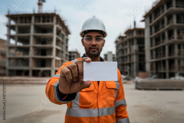 Fototapeta indian construction worker engineer in orange safety suit holding blank business card at building site. branding, business identity, construction industry mockup