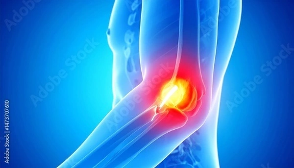 Fototapeta Elbow joint inflammation and pain illustration, highlighting potential arthritis, injury, or bursitis in the human arm