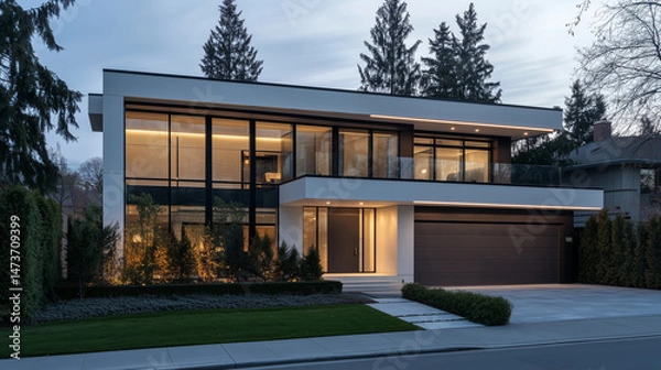 Fototapeta Modern suburban home with clean lines, bathed in soft daylight. Minimalist elegance in a quiet neighborhood setting.