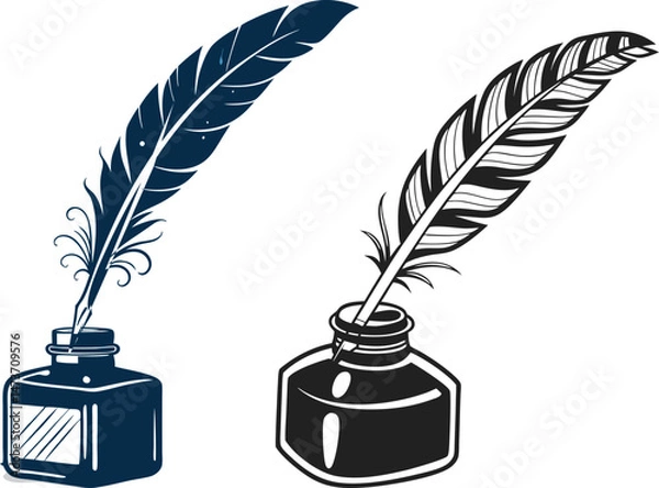 Fototapeta feather with quill and inkwell vector illustrations