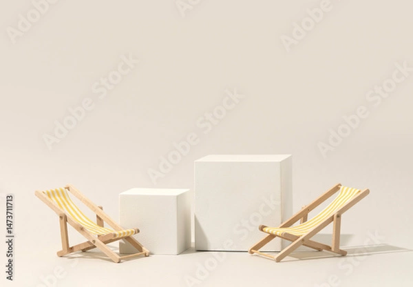 Obraz Minimal Summer Scene with Deck Chairs and Geometric Pedestals for Product Display. Studio Photography.