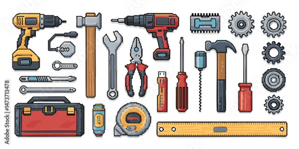 Fototapeta Pixel Art Tools and Gadgets Pack: Hammers, Screwdrivers, Wrenches, Pliers, Drills, and More