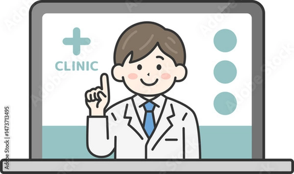 Fototapeta パソコンでオンライン診療する、男性医師（線画カラー）のイラスト