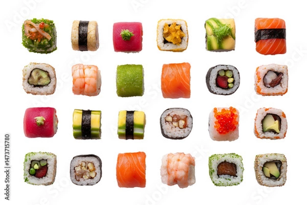 Fototapeta Assorted sushi rolls in a top view layout, isolated on white, colorful and clean composition, ideal for menu design or packaging.