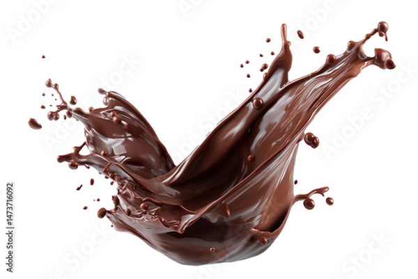 Fototapeta Rich chocolate splash frozen mid-motion on a clean white background, with smooth texture and photorealistic lighting.