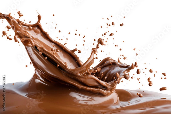 Fototapeta Rich chocolate splash frozen mid-motion on a clean white background, with smooth texture and photorealistic lighting.