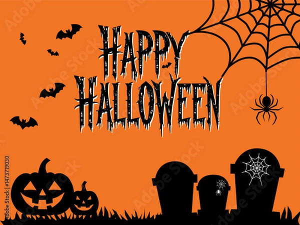 Fototapeta Vector illustration on Halloween theme with pumpkins, spider web and bats on orange background with the words "Happy Halloween". Banner, social media post, text.