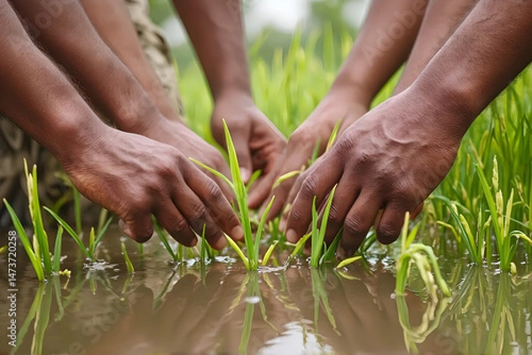 Fototapeta Hands of farmers planting rice together In style of wide-angle ground-level photography For community support campaigns, sustainability banners and agricultural cooperation themes in water reflection