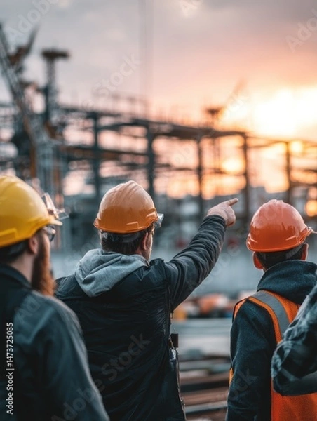 Obraz Three construction workers wearing helmets discuss a project at a building site during sunset.