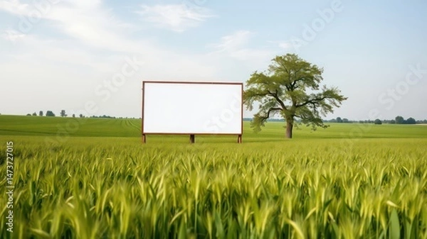Fototapeta Blank billboard in a verdant agricultural field next to a solitary tree
