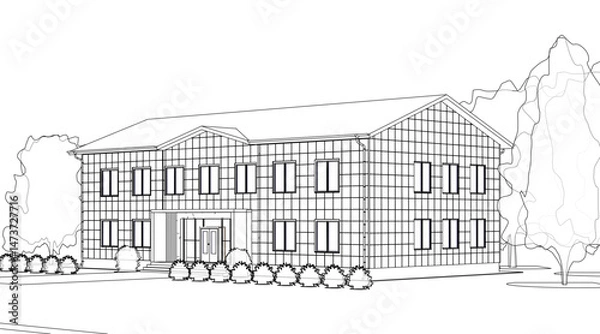 Obraz Perspective view of the office building. 3d vector illustration isolated on white background.