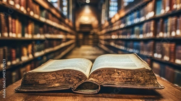 Obraz Open antique book on wooden table in a quiet library filled with shelves of old literature
