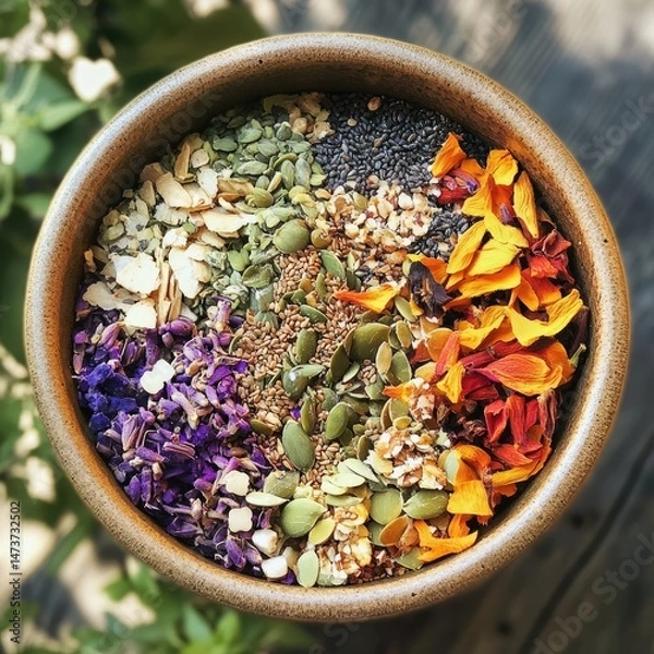 Fototapeta Colorful, layered breakfast bowl with various seeds, nuts, and petals