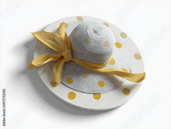 Fototapeta Stylish straw hat with mint polka dots and flowing satin ribbon bow, harmonious cream backdrop enhancing vintage beach aesthetic.