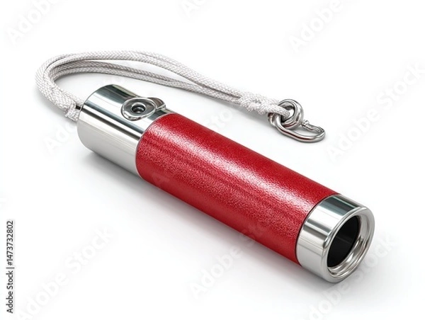 Obraz Sleek red cylinder flashlight with matte texture and silver accents, lanyard hook on top for outdoor emergency use.