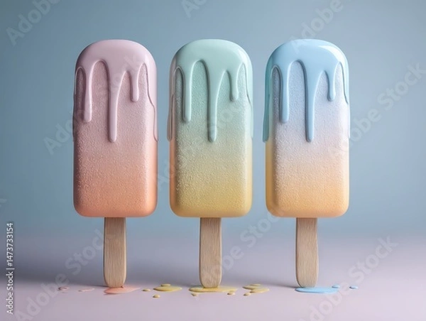 Fototapeta Three pastel popsicles with peach-lemon-sky gradients, wooden sticks dripping liquid on soft blue gradient background.