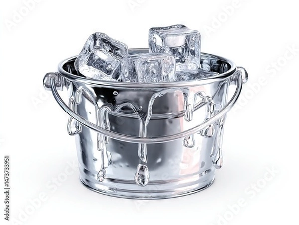 Fototapeta Sleek silver ice bucket with crystalline ice cubes, condensation droplets cascading on minimalist white background.