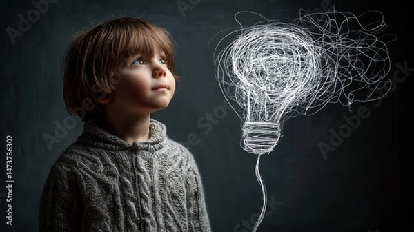 Fototapeta Kid inspiration innovation  with idea bulb representing creativity and imagination and problem solving intelligence in children