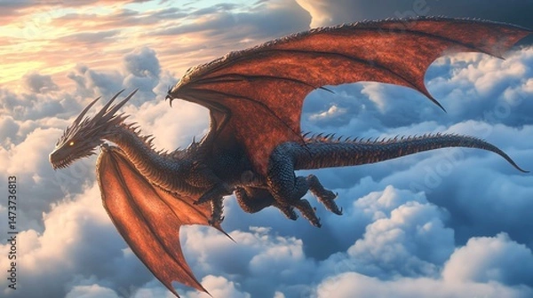 Fototapeta A majestic dragon soars through a sky filled with billowing clouds. The image captures a fantastical scene of a dragon in flight.