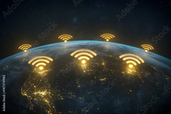 Fototapeta Global Digital Connectivity Concept with Glowing Wi-Fi Icons Over Earth at Night from Space.