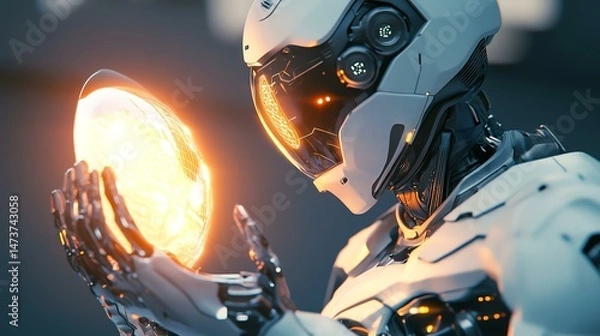 Fototapeta A robot is holding a light in its hand. The image depicts a robotic figure illuminated by a light source.