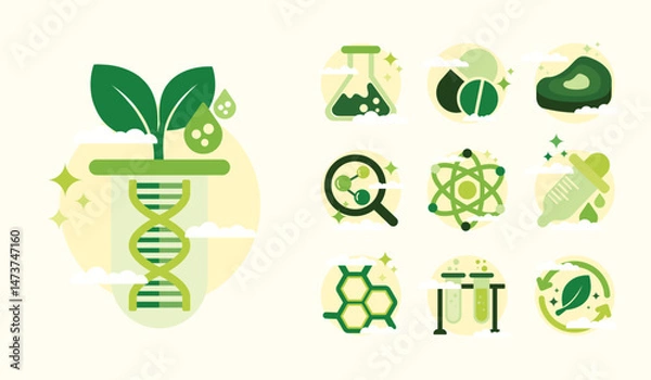 Obraz Biotechnology and scientific research concept. Includes components such as plants, DNA, molecules, test tubes, syringes. Medicals production and bioengineering. Web banner template, flat vector design