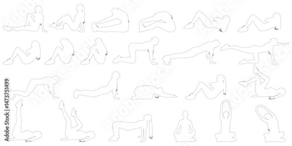 Fototapeta Set of contours showing woman practicing different stretching and fitness, yoga and pilates exercises. Vector illustration