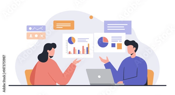 Fototapeta Business meeting with two people discussing graphs at a desk  