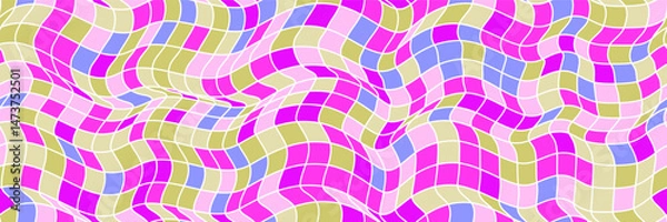 Fototapeta Bright psychedelic groovy checkerboard wavy seamless bg. Purple, blue and yellow pattern with square texture. Trippy vector illustration.