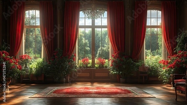 Fototapeta Crimson velvet drapes elegantly across a grand window, its rich texture adding a touch of luxury and opulence to the room, a symbol of comfort and refinement