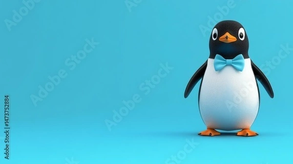 Fototapeta A penguin wears a festive bow on its head.