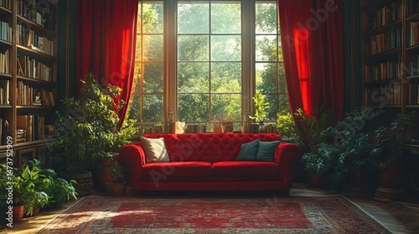 Fototapeta Crimson velvet drapes elegantly across a grand window, its rich texture adding a touch of luxury and opulence to the room, a symbol of comfort and refinement