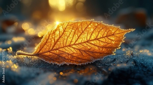 Fototapeta Delicate frost crystals form intricate patterns on a fallen leaf, transforming it into a temporary work of art on a cold autumn morning