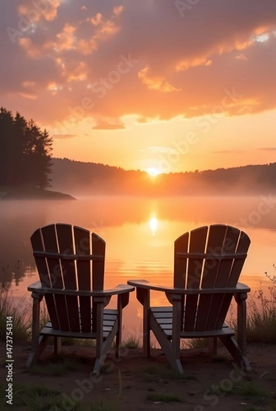 Fototapeta A tranquil tropical sunset paints the ocean view from the beach chairs