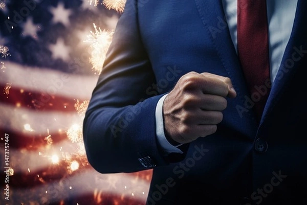 Obraz A man in a suit, fist clenched, patriotism theme.