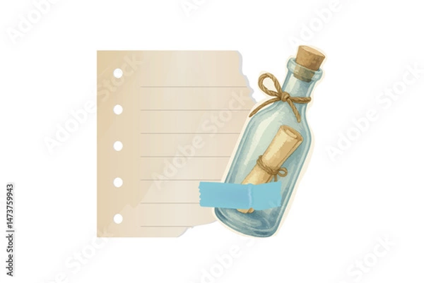 Obraz Vintage message in bottle with torn paper sticker background