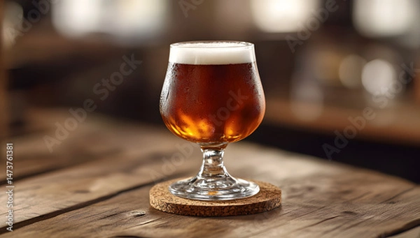 Fototapeta Beer in glass on wooden table with coaster mockup and blank paper background